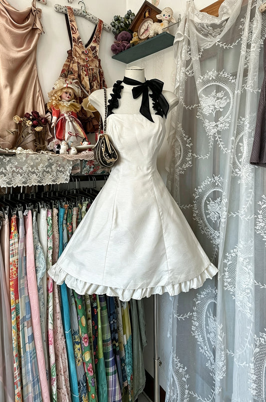 Chic White Sheer Halter Dress Black Neck Bow Ruffle Hem A‑Line Short Homecoming Dress AS2446
