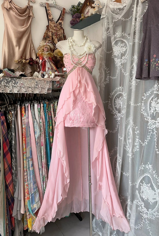 Gorgeous Pink Strapless Sweetheart Neck Rhinestone Beaded Bodice Cascading Ruffle Lace High‑Low Bodycon Homecoming Dress AS2447