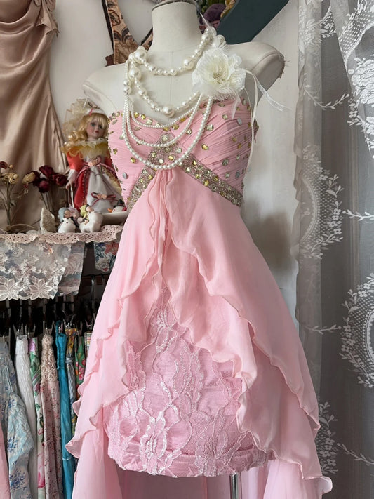 Gorgeous Pink Strapless Sweetheart Neck Rhinestone Beaded Bodice Cascading Ruffle Lace High‑Low Bodycon Homecoming Dress AS2447