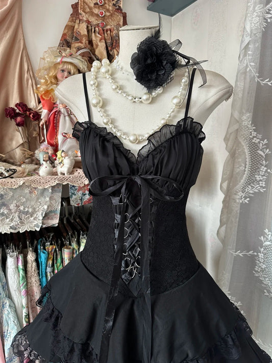 Edgy Black Lace Spaghetti Straps Ruffled Sweetheart Corset Lace‑Up Tiered Ruffle A Line Short Homecoming Dress AS2448