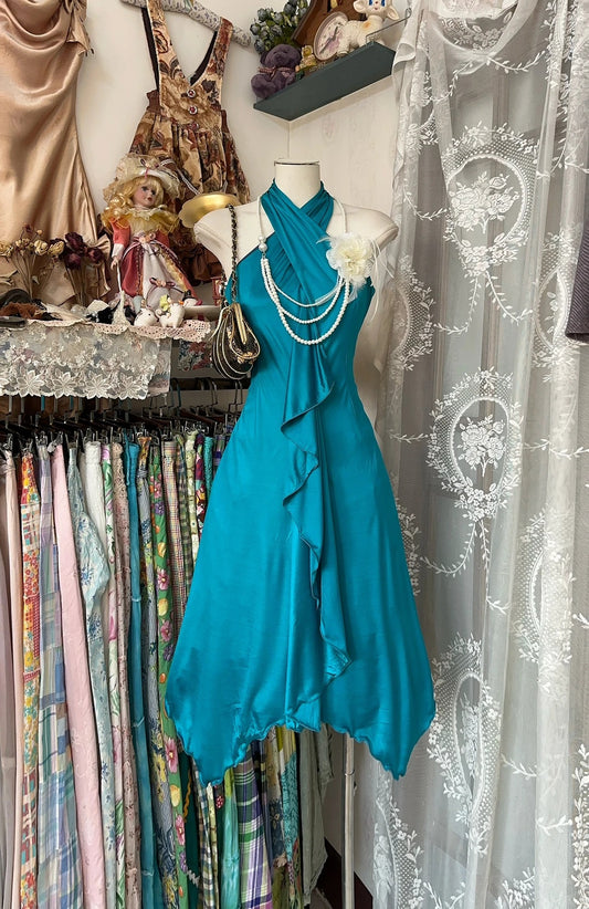 Vibrant Teal Satin Halter Crisscross Neck Cascading Ruffle A Line Midi Homecoming Dress AS2450
