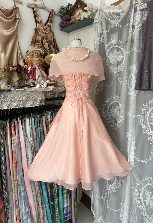 Delicate Peach Pink Chiffon Strapless Ruffled Wrap Waist A‑Line Midi Homecoming Dress With Cape AS2451