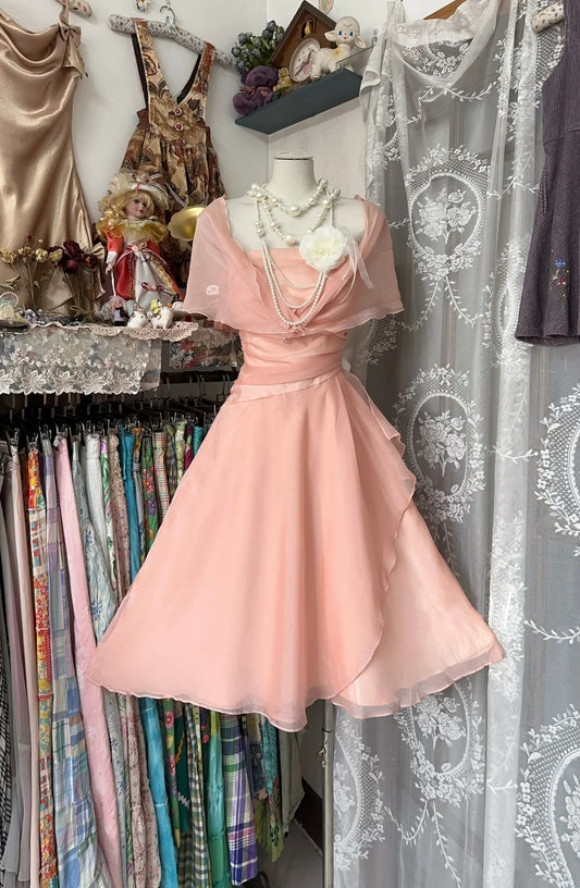Delicate Peach Pink Chiffon Strapless Ruffled Wrap Waist A‑Line Midi Homecoming Dress With Cape AS2451