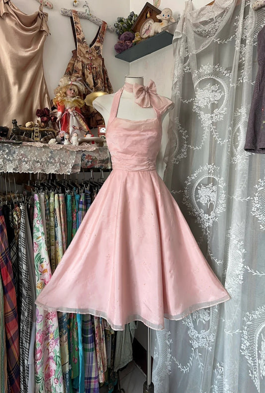 Sweet Pink Halter Choker Bow Glitter Ruched Waist A‑Line Midi Homecoming Dress AS2452
