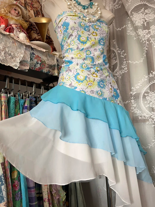 Playful Floral Print Strapless Color‑Block Tiered Ruffle Asymmetrical High‑Low A Line Short Homecoming Dress AS2453