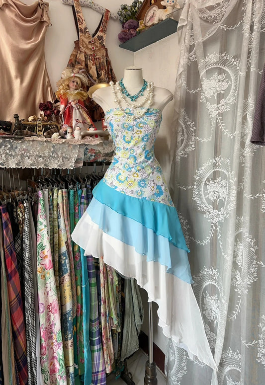 Playful Floral Print Strapless Color‑Block Tiered Ruffle Asymmetrical High‑Low A Line Short Homecoming Dress AS2453
