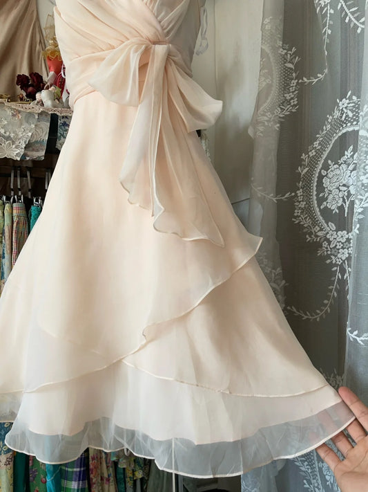 Lovely Peach Spaghetti Straps Wrap V‑Neck Sash Bow Waist Layered Chiffon A‑Line Midi Homecoming Dress AS2456