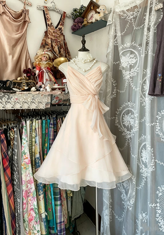 Lovely Peach Spaghetti Straps Wrap V‑Neck Sash Bow Waist Layered Chiffon A‑Line Midi Homecoming Dress AS2456