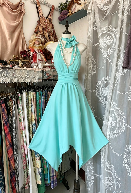 Fresh Turquoise Halter Deep V‑Neck Neck Bow Ruched Waist Asymmetrical Handkerchief Midi A Line Homecoming Dress AS2457