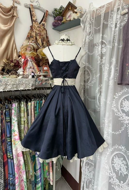 Classy Navy Satin Spaghetti Straps Wrap V‑Neck Ivory Waist Big Bow Ruffled Hem A‑Line Midi Homecoming Dress AS2458