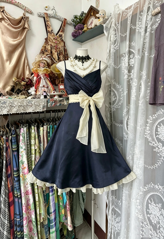 Classy Navy Satin Spaghetti Straps Wrap V‑Neck Ivory Waist Big Bow Ruffled Hem A‑Line Midi Homecoming Dress AS2458