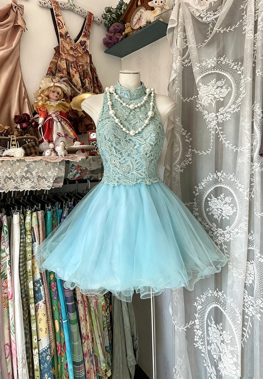 Delicate Sky Blue Lace High Neck Sleeveless Bodice Voluminous Tulle Skirt A Line Short Homecoming Dress AS2459