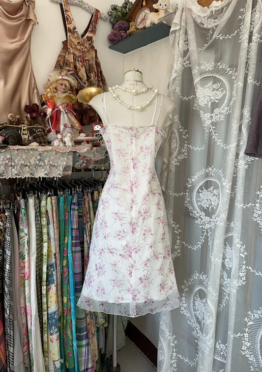Fresh White Lilac Floral Print Spaghetti Straps V‑Neck Sheath Midi Homecoming Dress AS2462