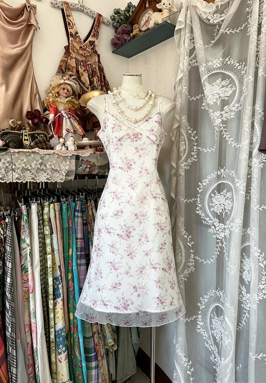 Fresh White Lilac Floral Print Spaghetti Straps V‑Neck Sheath Midi Homecoming Dress AS2462