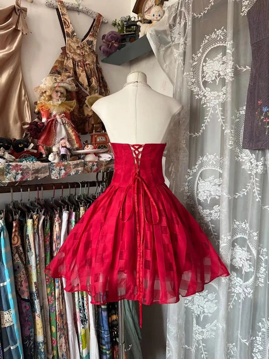 Vivid Red Plaid Organza Strapless Sweetheart Rhinestone Beaded Neckline Pleated A‑Line Short Homecoming Dress AS2464