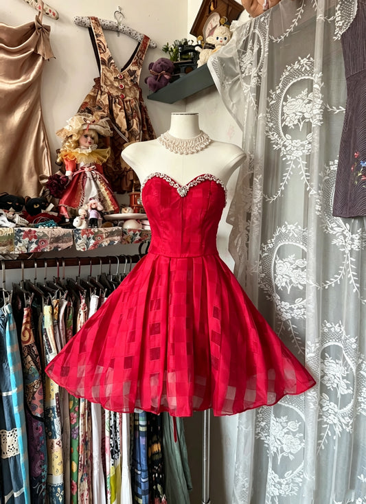 Vivid Red Plaid Organza Strapless Sweetheart Rhinestone Beaded Neckline Pleated A‑Line Short Homecoming Dress AS2464
