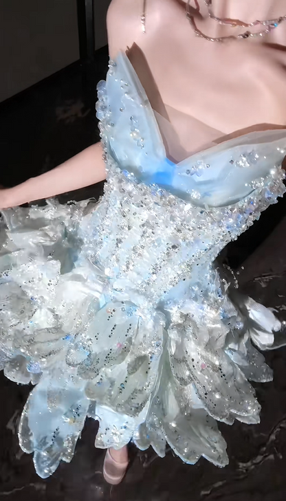 Dreamy Light Blue Sweetheart Rhinestone 3D Petal Ruffled Tulle A Line Short Homecoming Dress AS2606