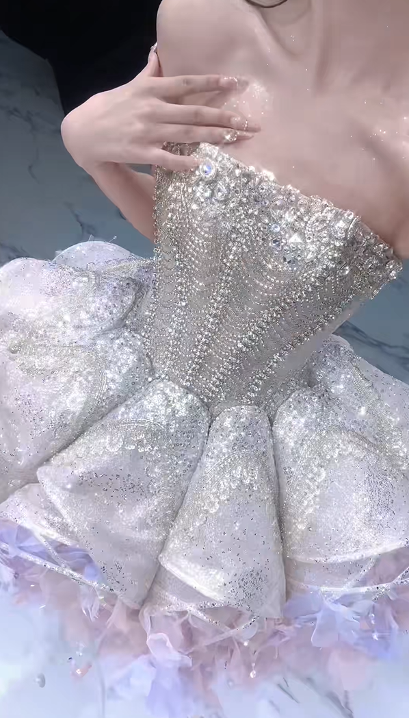 Luxe Pale Pink Strapless Heavy Beaded Rhinestone Sequin Corset Voluminous Petal Tulle A Line Short Homecoming Dress AS2607