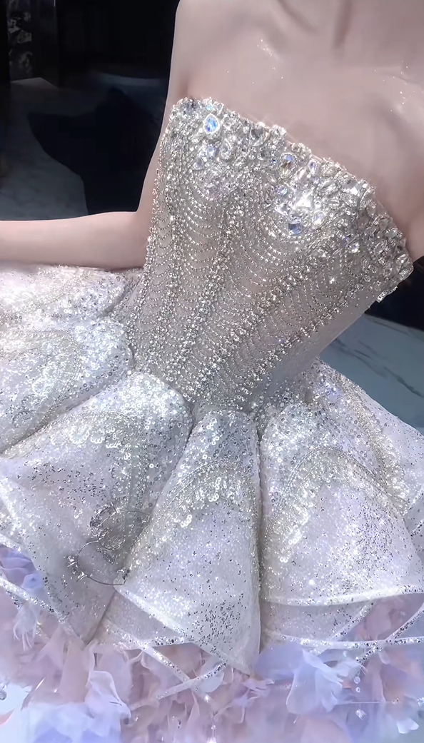 Luxe Pale Pink Strapless Heavy Beaded Rhinestone Sequin Corset Voluminous Petal Tulle A Line Short Homecoming Dress AS2607