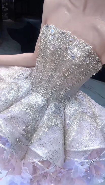 Luxe Pale Pink Strapless Heavy Beaded Rhinestone Sequin Corset Voluminous Petal Tulle A Line Short Homecoming Dress AS2607