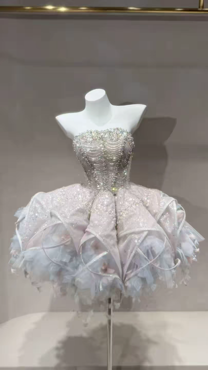 Luxe Pale Pink Strapless Heavy Beaded Rhinestone Sequin Corset Voluminous Petal Tulle A Line Short Homecoming Dress AS2607