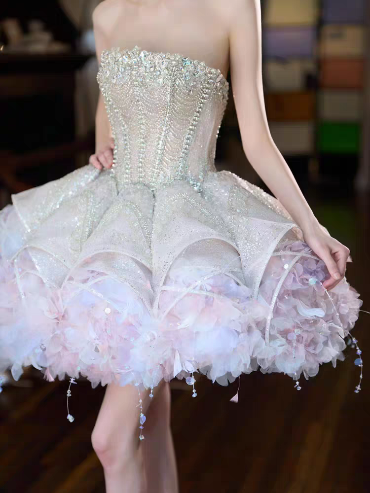 Luxe Pale Pink Strapless Heavy Beaded Rhinestone Sequin Corset Voluminous Petal Tulle A Line Short Homecoming Dress AS2607