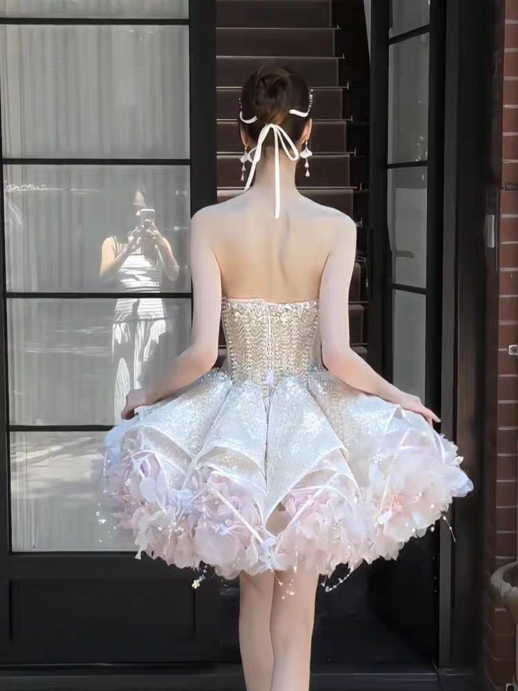 Luxe Pale Pink Strapless Heavy Beaded Rhinestone Sequin Corset Voluminous Petal Tulle A Line Short Homecoming Dress AS2607
