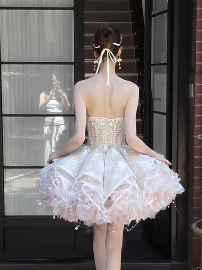 Luxe Pale Pink Strapless Heavy Beaded Rhinestone Sequin Corset Voluminous Petal Tulle A Line Short Homecoming Dress AS2607