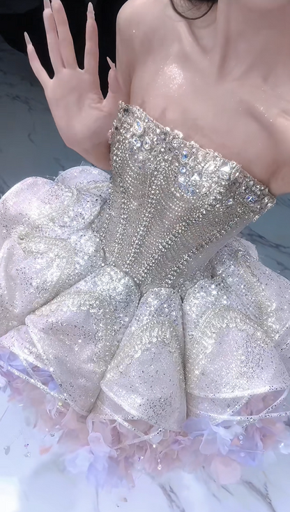 Luxe Pale Pink Strapless Heavy Beaded Rhinestone Sequin Corset Voluminous Petal Tulle A Line Short Homecoming Dress AS2607