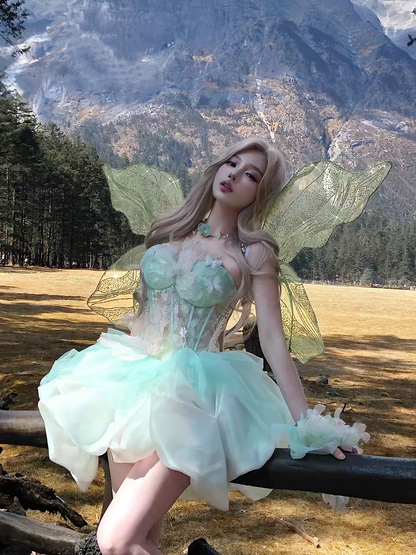 Delicate Mint Strapless Lace Floral Corset Beaded Chain Puffy Tulle A Line Short Homecoming Dress AS2608