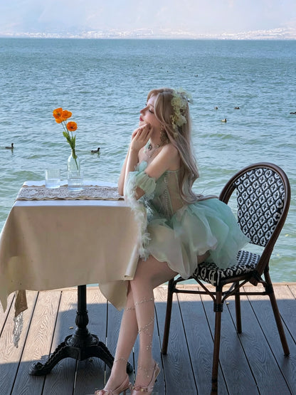 Delicate Mint Strapless Lace Floral Corset Beaded Chain Puffy Tulle A Line Short Homecoming Dress AS2608