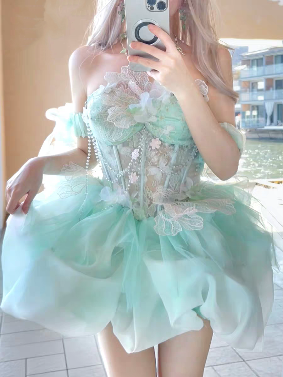 Delicate Mint Strapless Lace Floral Corset Beaded Chain Puffy Tulle A Line Short Homecoming Dress AS2608