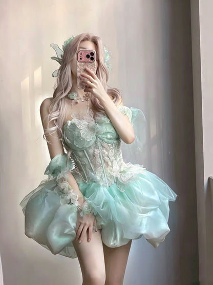 Delicate Mint Strapless Lace Floral Corset Beaded Chain Puffy Tulle A Line Short Homecoming Dress AS2608