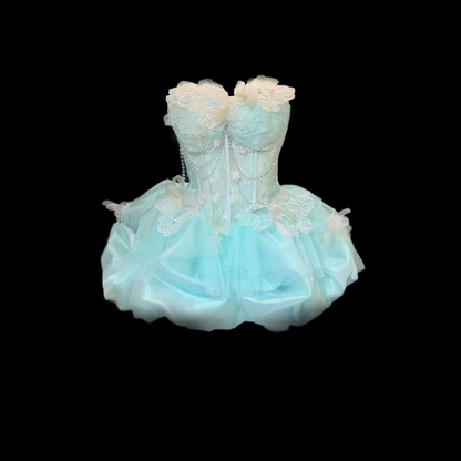 Delicate Mint Strapless Lace Floral Corset Beaded Chain Puffy Tulle A Line Short Homecoming Dress AS2608