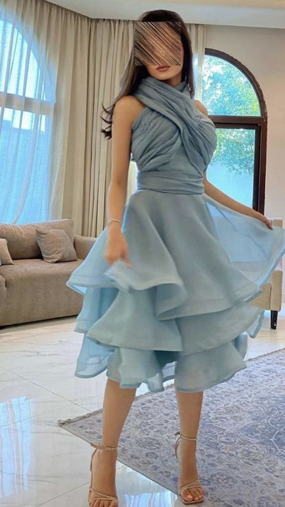 Graceful Blue Halter Draped Chiffon A Line Short Homecoming Dress With Multi Layer Ruffle Skirt AS2523