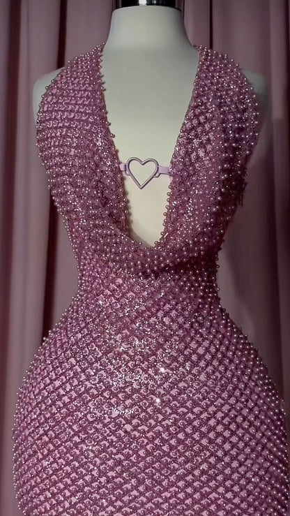 Glam Pink Beaded Halter Deep V-Neck Bodycon Short Homecoming Dress With Heart Detail AS2551