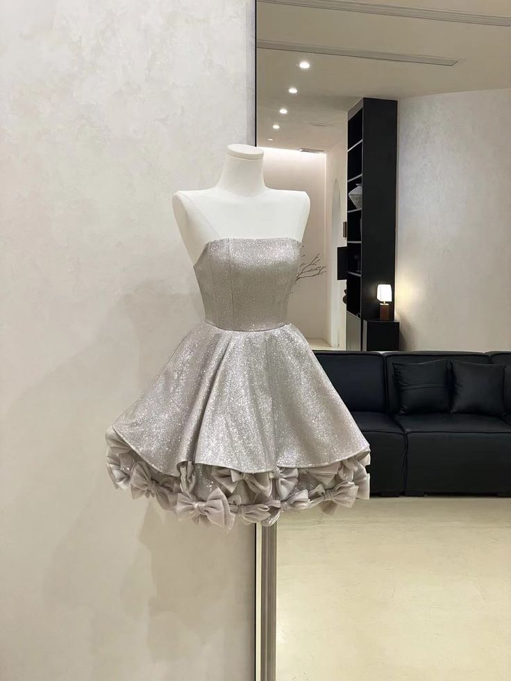 Sparkling Silver Glitter Strapless A-Line Short Homecoming Dress With Hem Bow Details AS2556