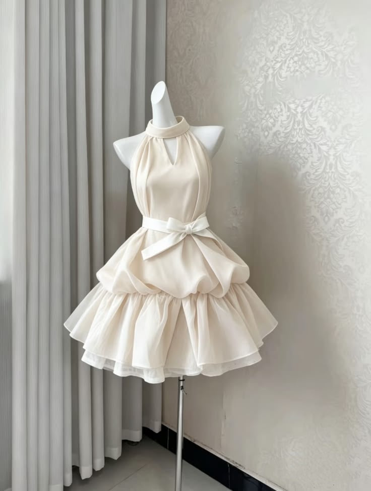 Elegant Ivory Halter Keyhole Neck A Line Short Homecoming Dress With Waist Sash Bow And Tiered Ruffle Skirt AS2557