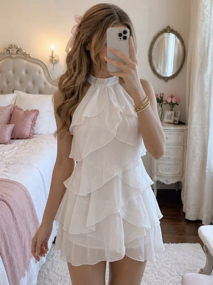 Airy White Chiffon Halter Neck Sleeveless Tiered Ruffle A Line Short Homecoming Dress AS2559