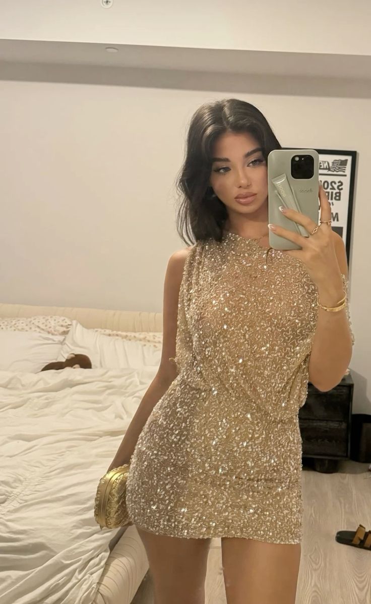 Dazzling Gold Sequin One Shoulder Draped Mesh Bodycon Short Homecoming Dress AS2560