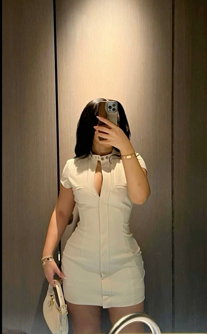 Sleek Beige High Neck Cap Sleeve Cutout Front Bodycon Short Homecoming Dress AS2563