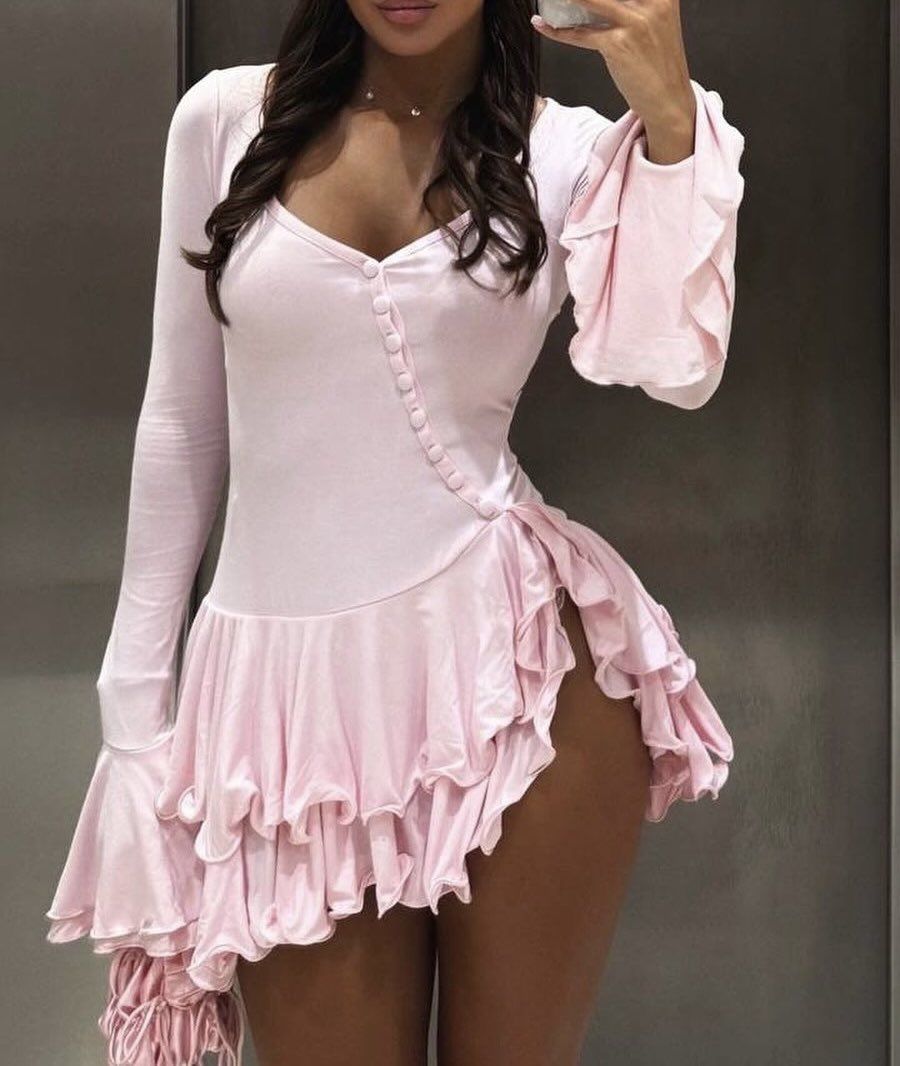 Airy Light Blue V Neck Long Flare Sleeve Button Detail Ruffled Hem A Line Short Homecoming Dress AS2566
