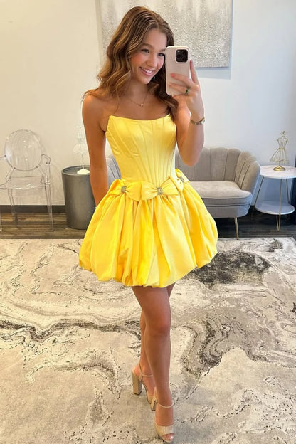 Strapless Satin Bubble Hem A-Line Homecoming Dress With Bow Accents AS257
