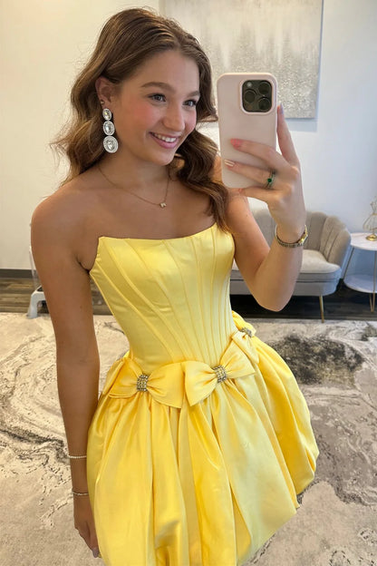 Strapless Satin Bubble Hem A-Line Homecoming Dress With Bow Accents AS257