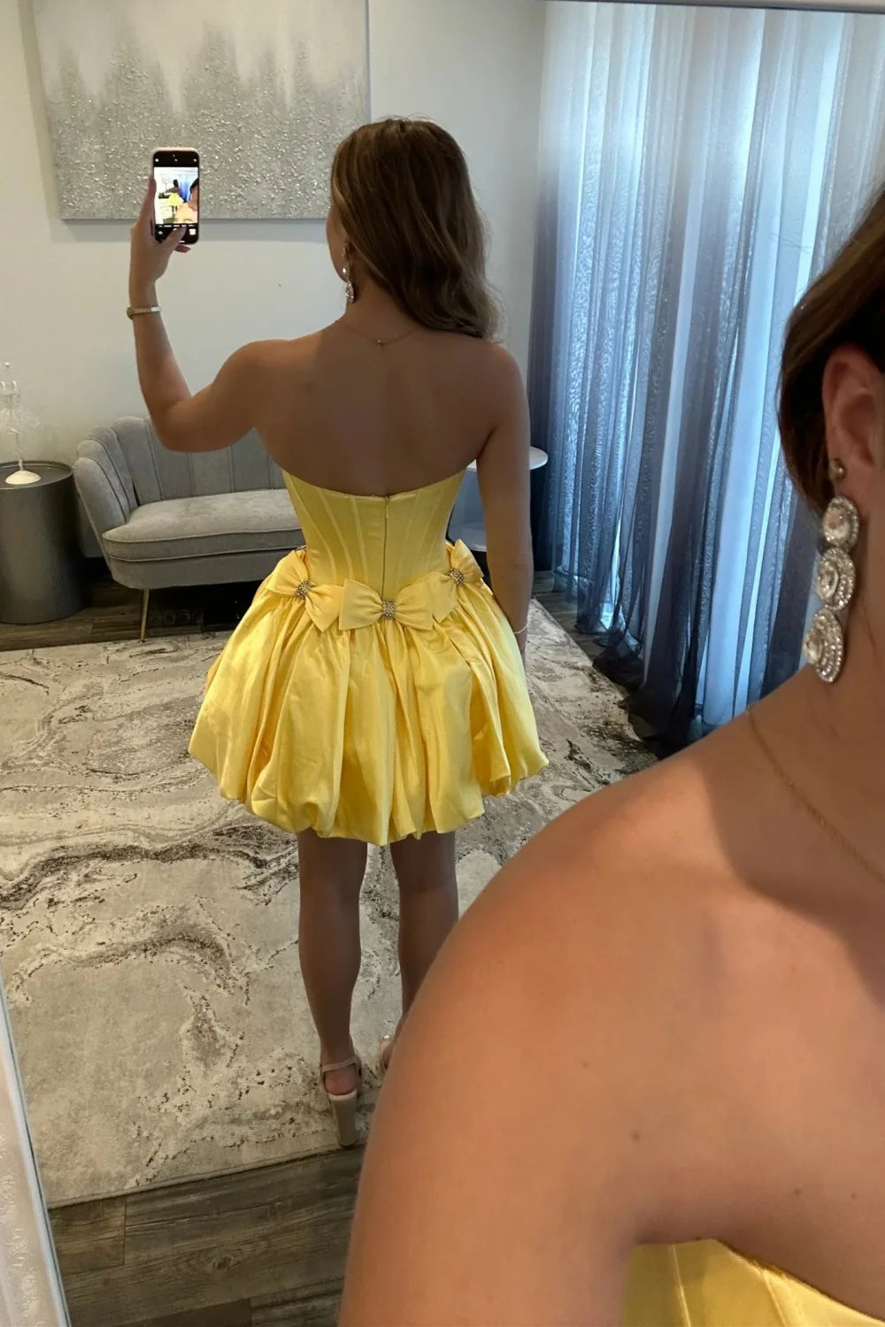Strapless Satin Bubble Hem A-Line Homecoming Dress With Bow Accents AS257