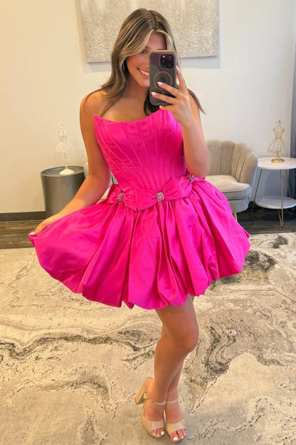 Strapless Satin Bubble Hem A-Line Homecoming Dress With Bow Accents AS257
