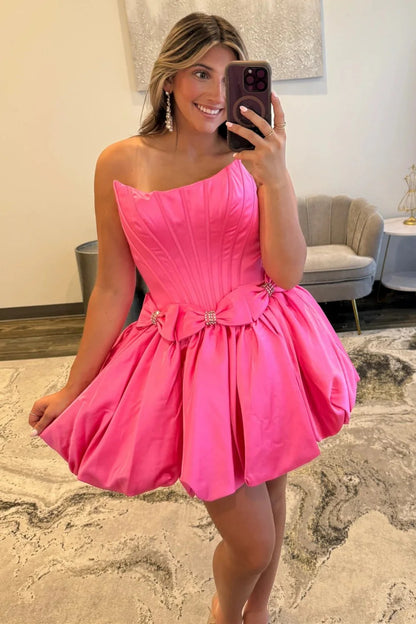 Strapless Satin Bubble Hem A-Line Homecoming Dress With Bow Accents AS257