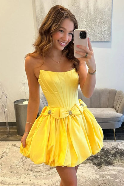 Strapless Satin Bubble Hem A-Line Homecoming Dress With Bow Accents AS257