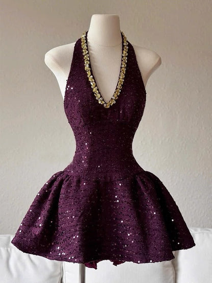 Glamorous Plum Purple Halter V-Neck Gold Rhinestone Sparkly Sequin A Line Short Homecoming Mini Dress AS2571