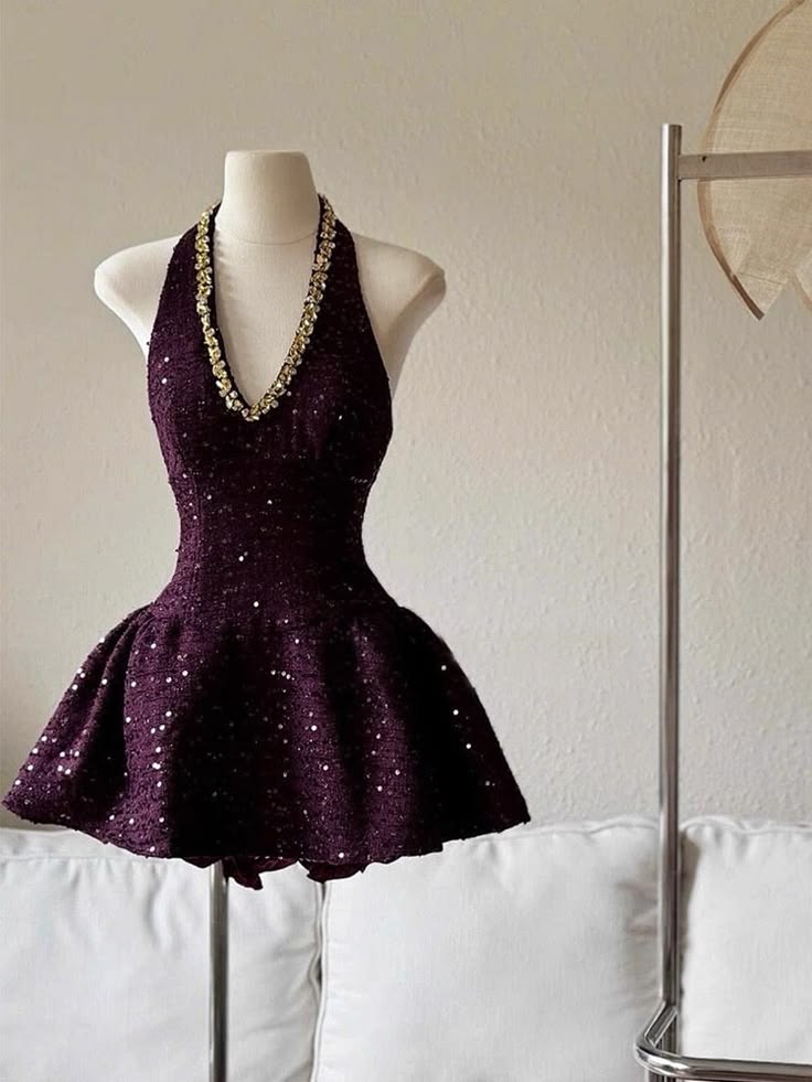 Glamorous Plum Purple Halter V-Neck Gold Rhinestone Sparkly Sequin A Line Short Homecoming Mini Dress AS2571